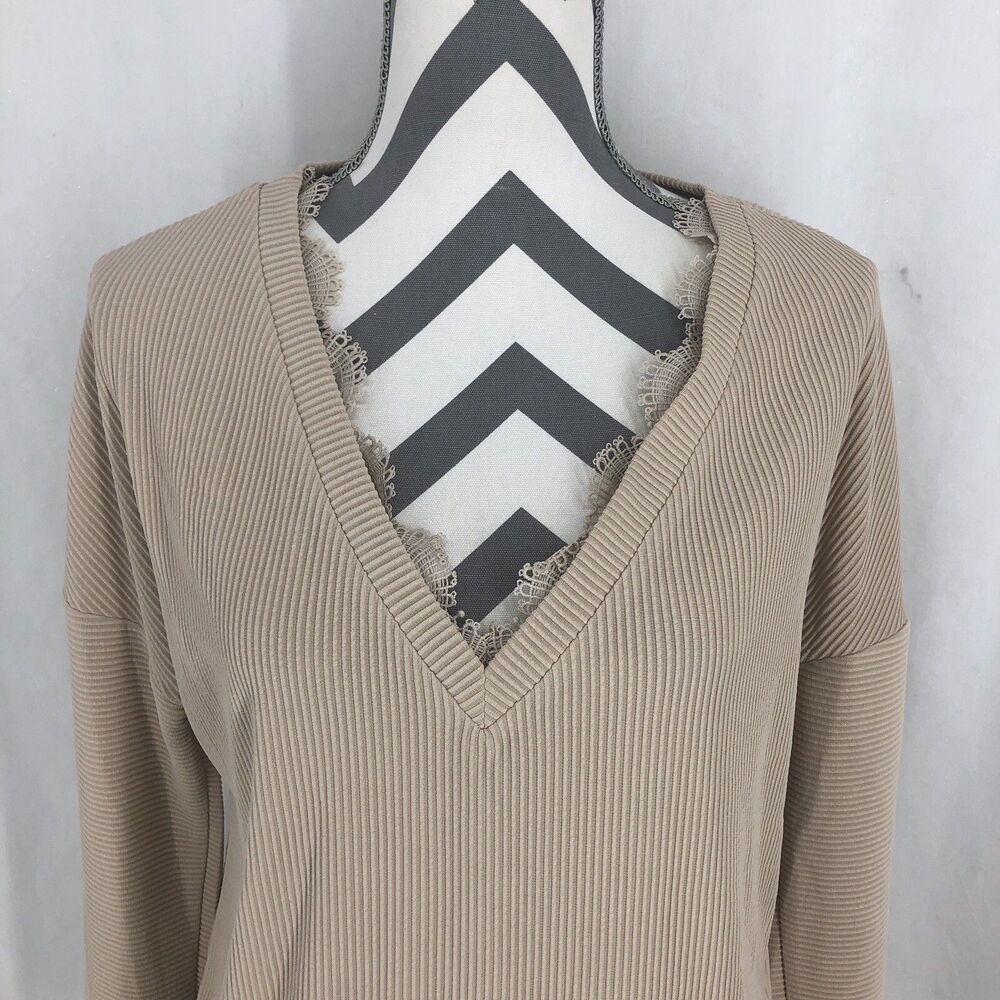 Trendy Queen Beige V Neck Lace Crochet 2022 Fall Long Sleeve Shirt Medium